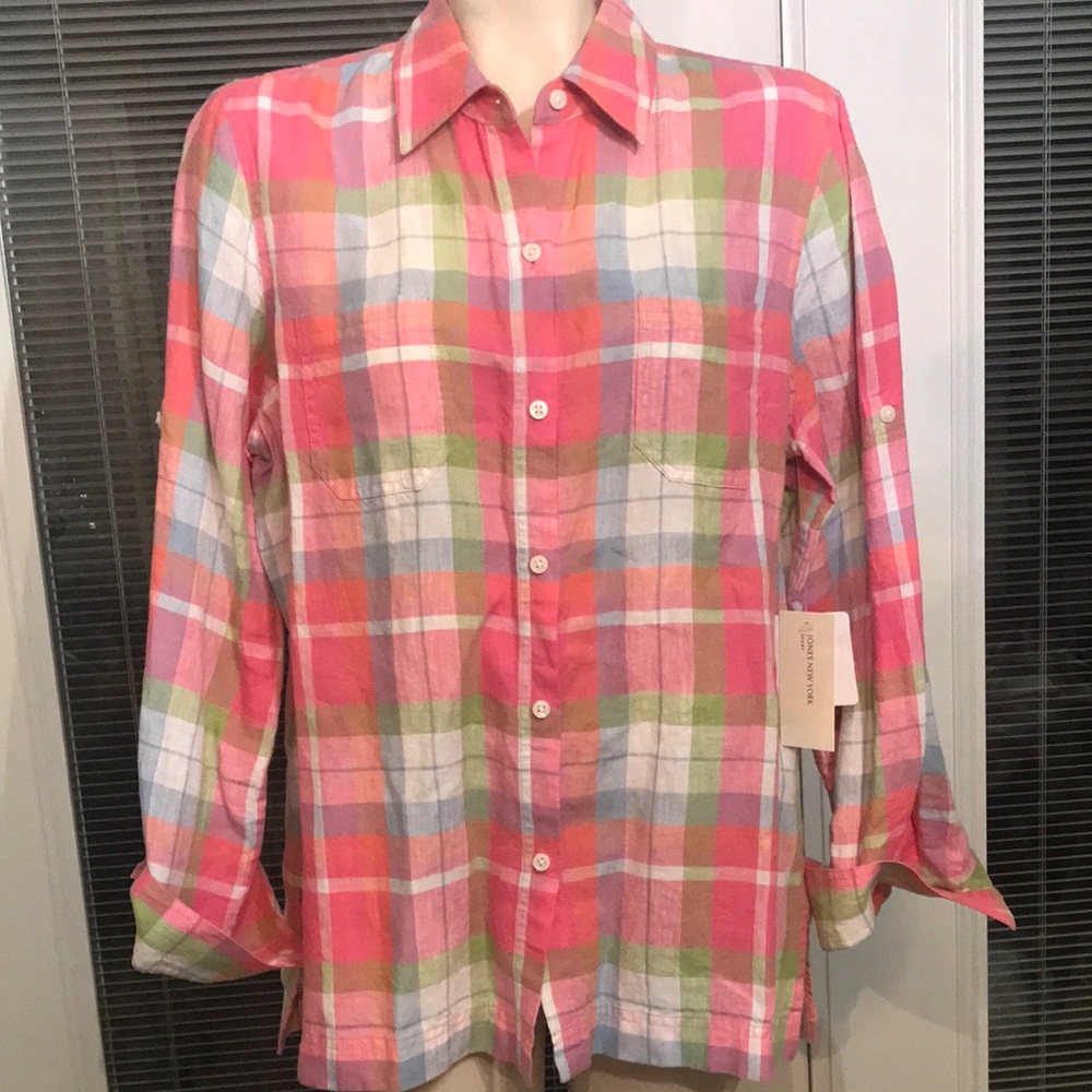 Jones New York Pink and Green Casual Button Down Shirt